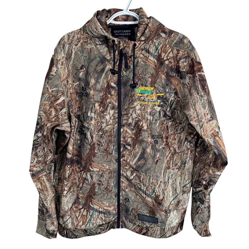 Drift Creek Outdoors Camo Jacket Hood Mens L Brown Mossy Oak Duck Blind Full Zip